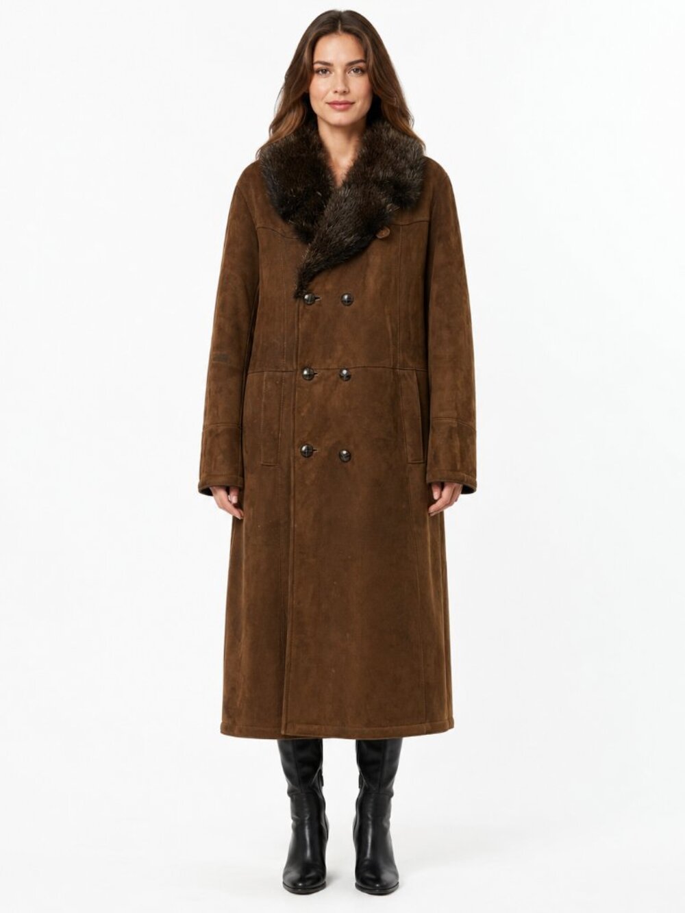 Vintage Suede Double Breasted Coat Fur Collar Sherpa Lined L/ XL